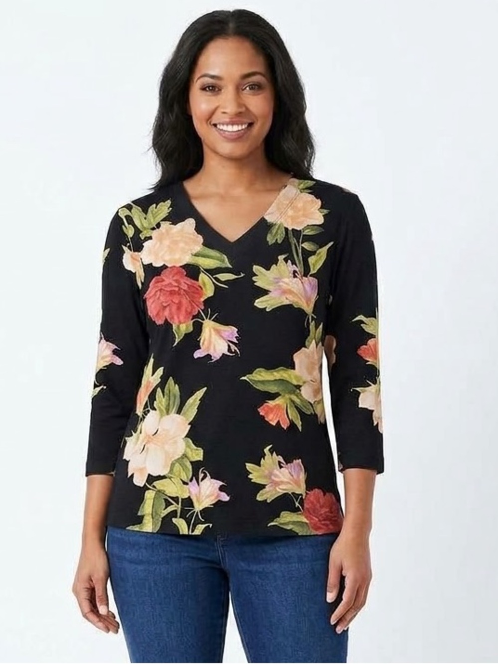 Chico's Black V-Neck 3/4 Sleeve Floral Top Pima Cotton XXL